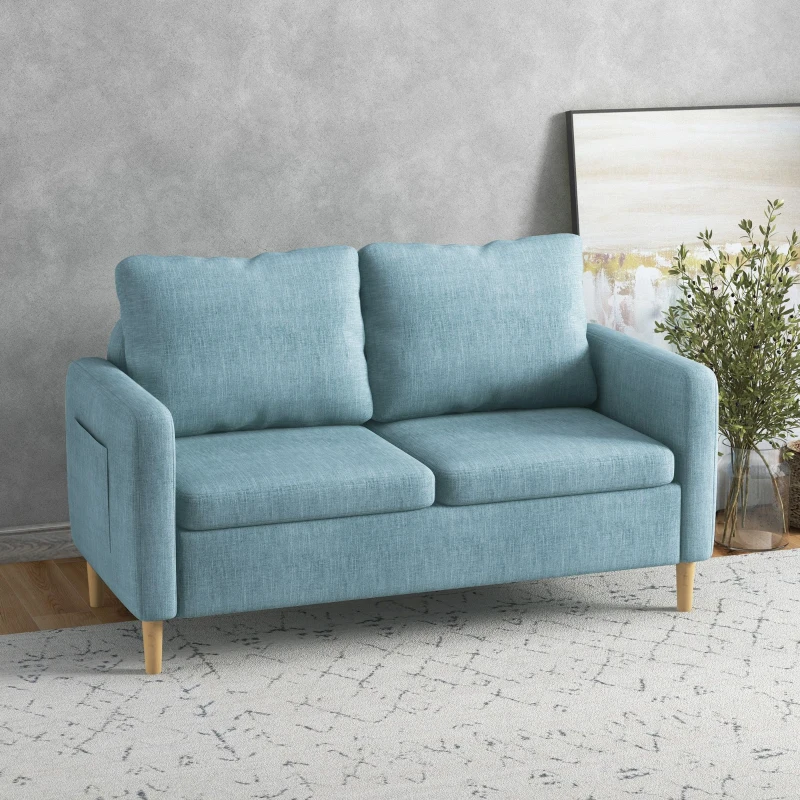 HOMCOM Sofá de 2 Plazas Tapizado en Poliéster con 2 Bolsillos Laterales Reposabrazos y Patas de Madera 143x76x83 cm Azul Claro