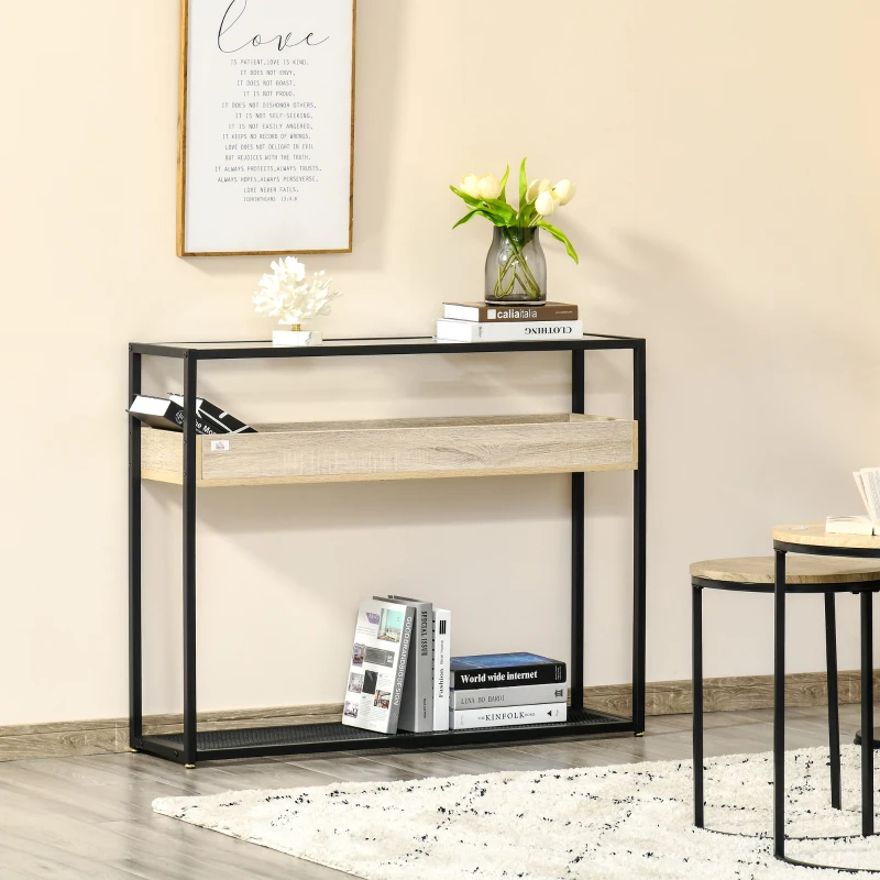 HOMCOM Mesa Consola de Entrada 108x28x85 cm Mueble Recibidor con Encimera de Cristal Estante y Rejilla Inferior Marco de Acero para Pasillo Salón Extremo del Sofá Negro