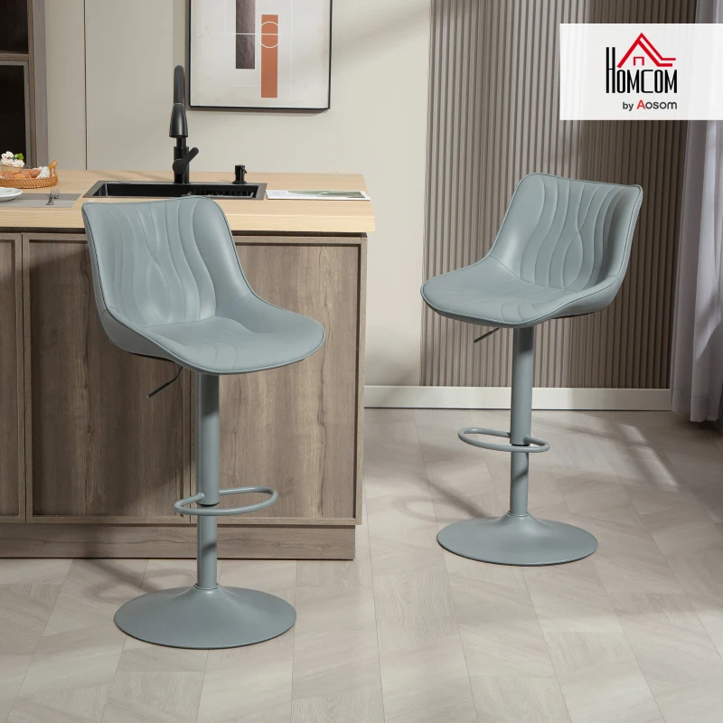 HOMCOM Juego de 2 Taburetes de Bar con Altura Ajustable Respaldo Asiento de Piel Sintética Marco de Acero y Reposapiés Gris
