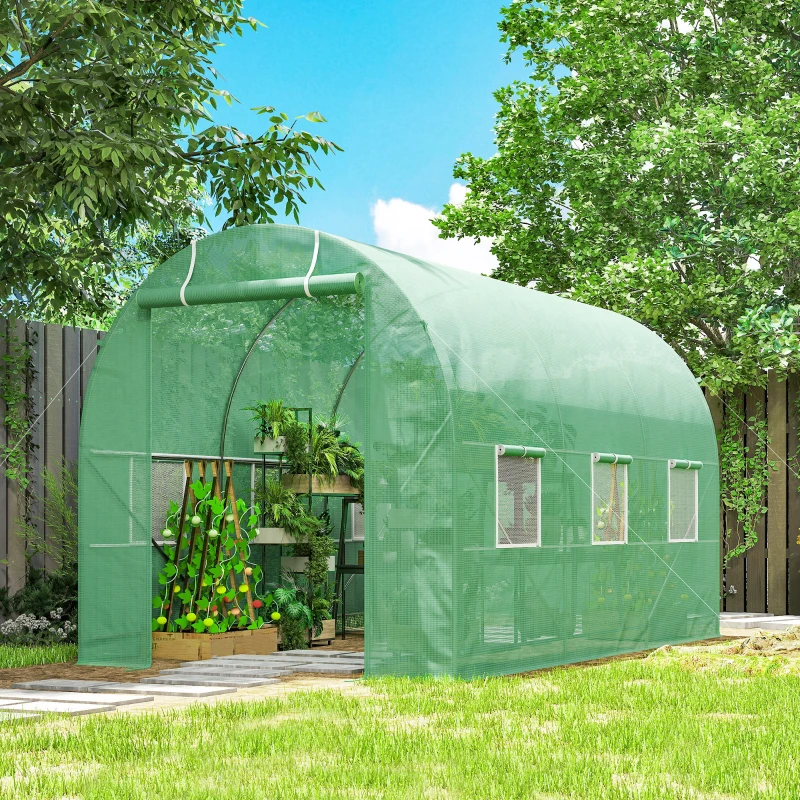 Outsunny Gewächshaus 350x200x200cm Foliengewächshaus Tomatenhaus mit Tür, 6 Fenster, Folientunnel aus verzinktem Stahl, PE, stabiles Treibhaus Pflanztunnel, inkl. Erdanker & Seilen, Grün