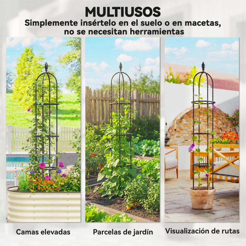Outsunny Juego de 2 Obeliscos de Jardín de Acero PE 1,74 m Enrejados para Plantas Trepadoras Rosas para Exterior Patio Negro