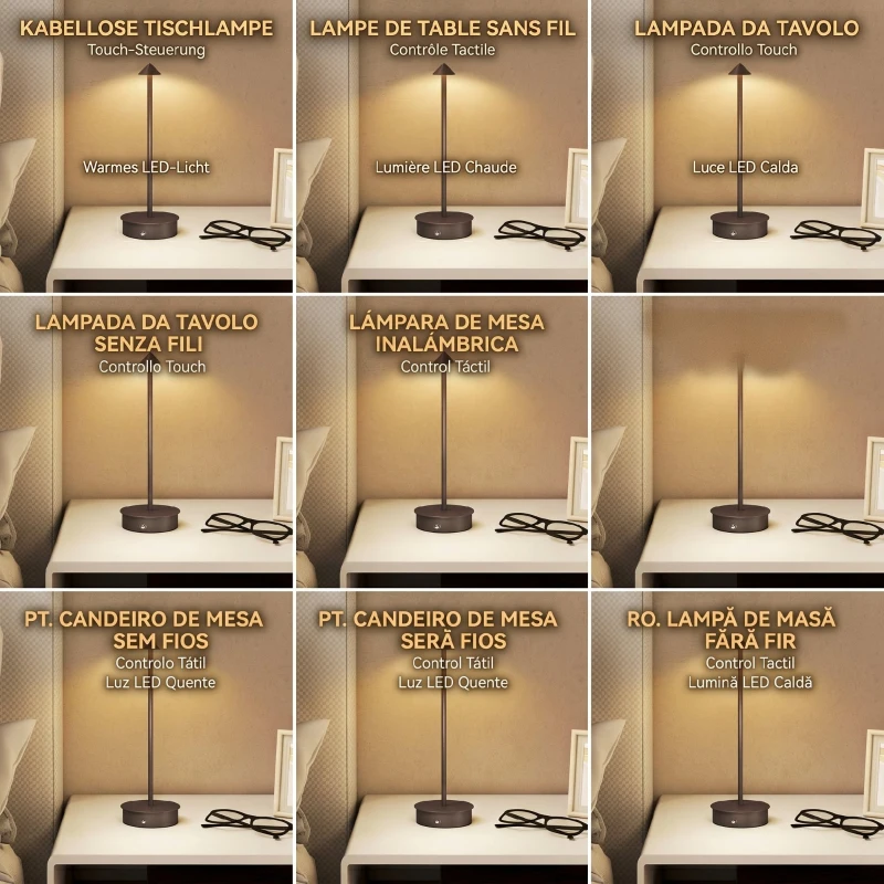 HOMCOM Lampă de Masă Touch Reîncărcabilă cu USB, Reglabilă 3000K/4500K/6000K, Autonomie 4-8 Ore, Cafeniu