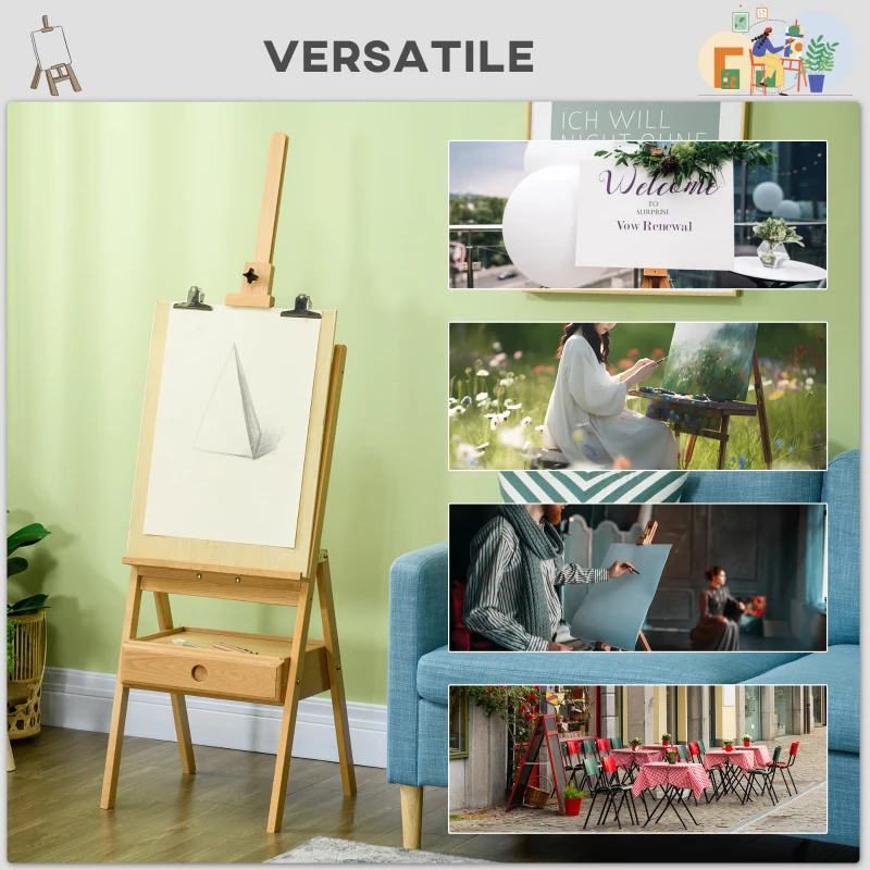 Vinsetto Cavalletto da Pittore ad Altezza Regolabile con Cassetto, in Legno di Faggio, 43.5x43x150-190 cm