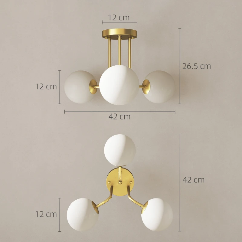 HOMCOM Candelabru de Tavan Vintage cu 3 Puncte de Lumină Socluri G9, 42x42x26.5 cm, Auriu