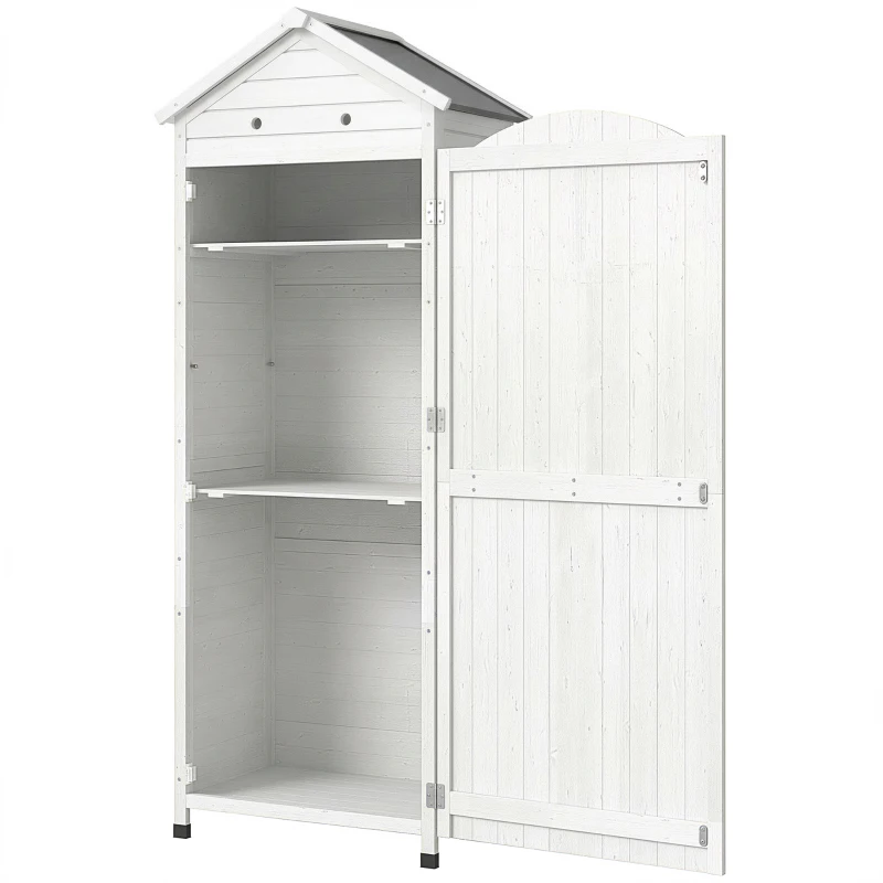 Outsunny Casetta porta Attrezzi in Legno con Tetto in Metallo e Scaffali Regolabili, 85x58x213 cm, Bianco