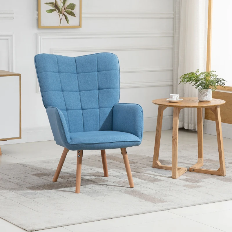 HOMCOM Sillón Individual con Respaldo Alto Reposabrazos Tela de Lino y Patas de Madera para Comedor Cocina 71x76x101cm Azul