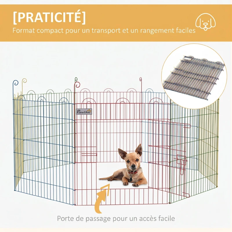 PawHut Enclos Pliant en Acier pour Chiens, Lapins, Rongeurs, Petits Animaux, Intérieur et Extérieur, 8 Panneaux avec Porte