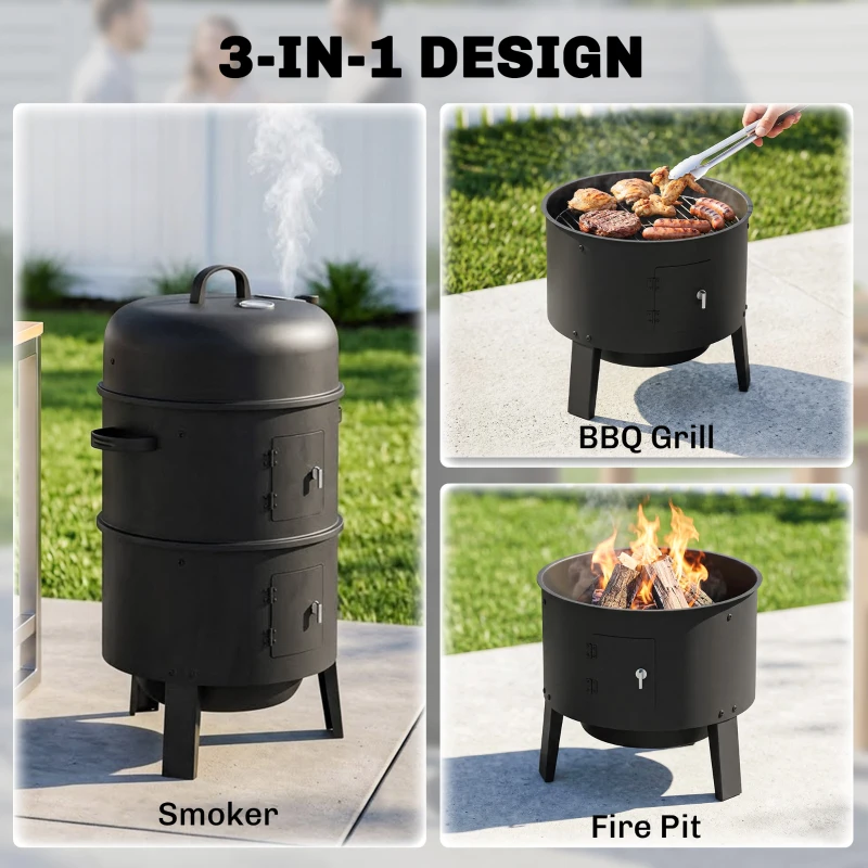 Outsunny 3-in-1 Vertical Charcoal Smoker with 2 Grill Grates, Built-in Thermometer, Adjustable Vent, 2 Doors