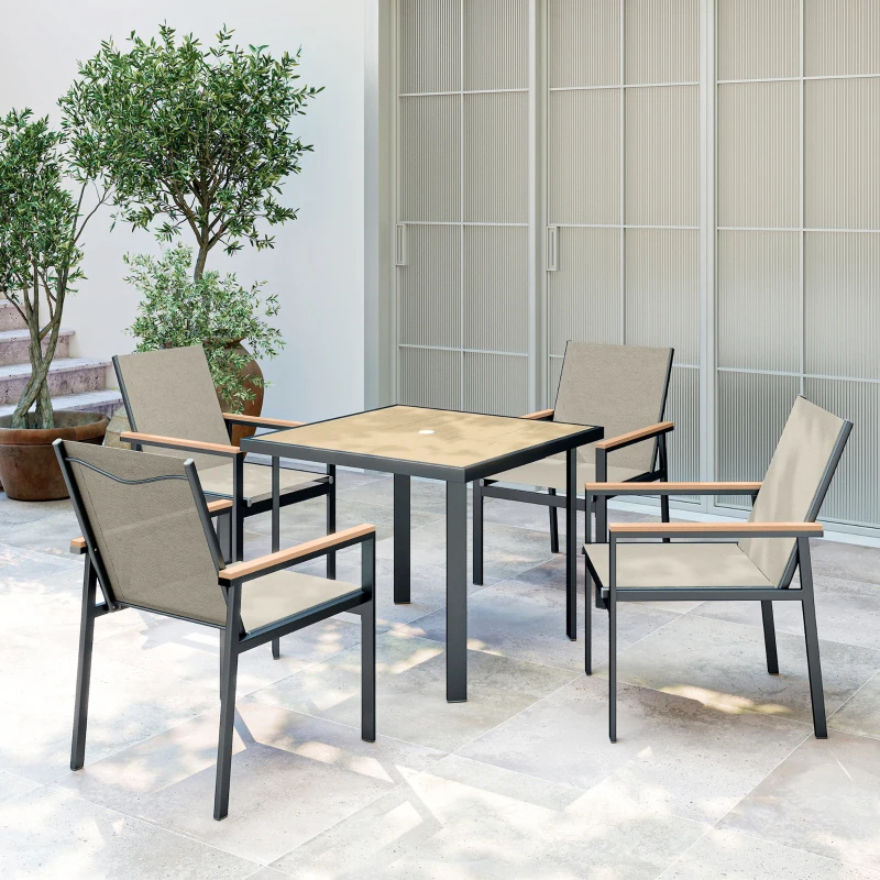 Outsunny Five-Piece Metal Dining Set, with Glass-Top Table - Khaki