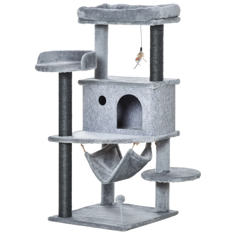 PawHut Árbol Rascador para Gatos 48x48x107 cm Torre para Gatos con Cueva de Fieltro Desmontable Hamaca Camas Plataformas Gris