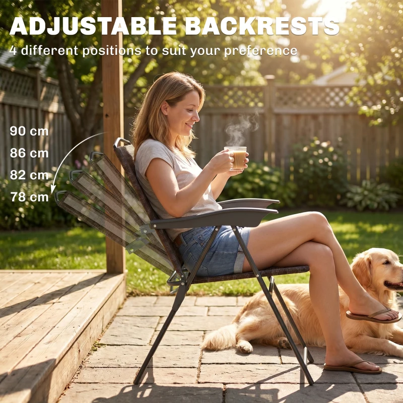 Outsunny 3 Piece Outdoor Bistro Set, Patio Conversation Furniture Set with 2 Folding Backrest Adjustable Armchairs and Glass Top Coffee Table, Brown