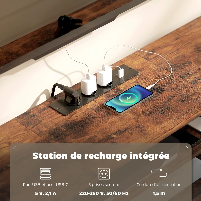 HOMCOM Meuble TV 140 cm, meuble télé 65 pouces, station de charge, 5 tiroirs en tissu, étagères ouvertes, 140x30x50cm, marron