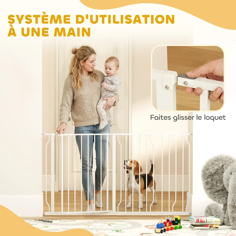 PawHut Barrière de sécurité chien barrière extensible 75-145 x 76 cm barrière escaliers couloirs portes sans perçage en acier et ABS blanc
