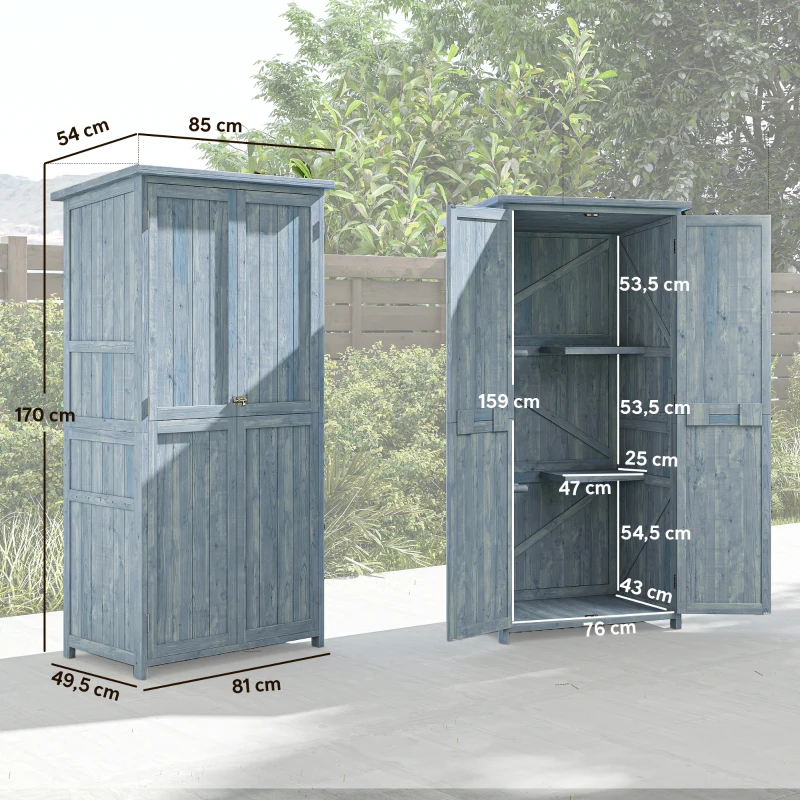 Outsunny Gartenschrank Holz wetterfest Geräteschuppen mit Doppeltür Magnetverschluss für Garten Terrrasse 85 x 54 x 170 cm Grau