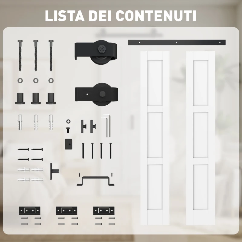 HOMCOM Porta Scorrevole Pieghevole in Legno 71.2x213.4 cm con Binario in Acciaio, Maniglia, Guida e Ruote, Bianca e Nera