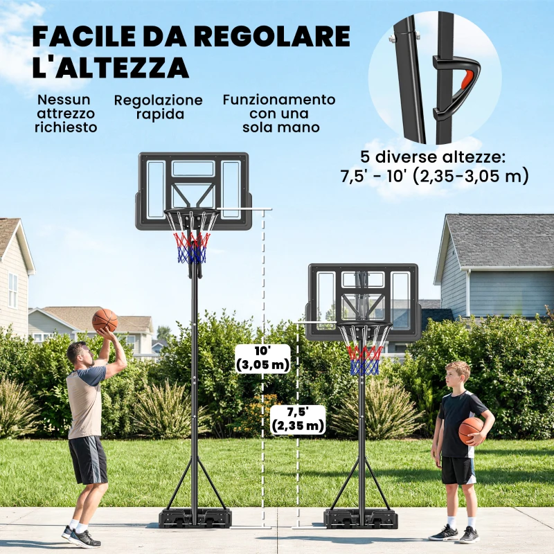 SPORTNOW Canestro da Basket per Esterni con Base Riempibile e Rotelle, in Acciaio, PE e PC, 120x120x370 cm