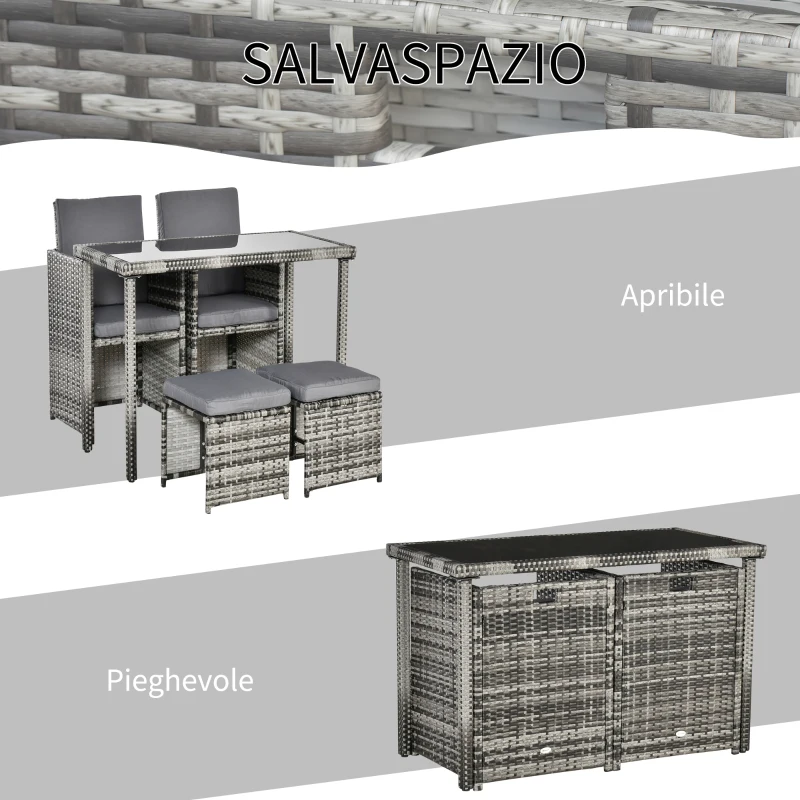 Outsunny Set 11 Pz Tavolo da Giardino con Sedie, Pouf e Cuscini, in Rattan PE, Grigio