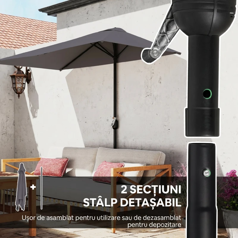 Outsunny - Umbrelă de perete în formă de semilună, economisitoare de spațiu, cu deschidere prin manivelă, gri