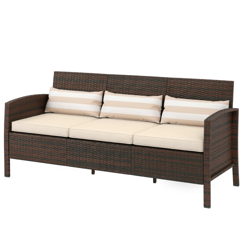 Outsunny Rattan Sofa mit Kissen, Dreisitzer, Garten Loungesofa, Stahl, Braun, 173 x 68 x 78 cm