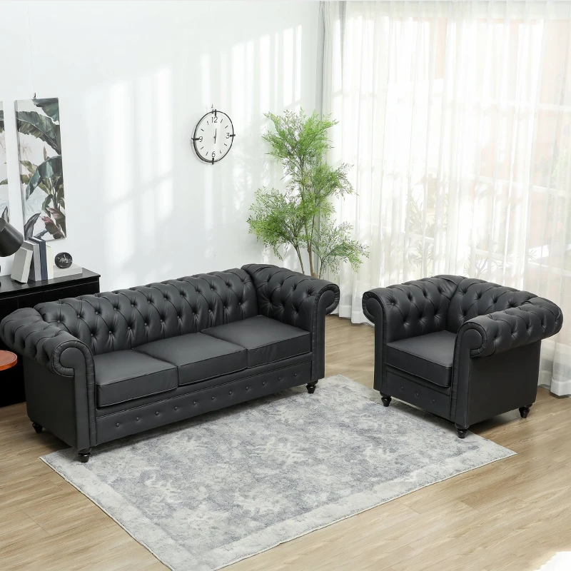 HOMCOM Fotoliu Stil Chesterfield din Piele Ecologică PU cu Picioare din Lemn, Negru