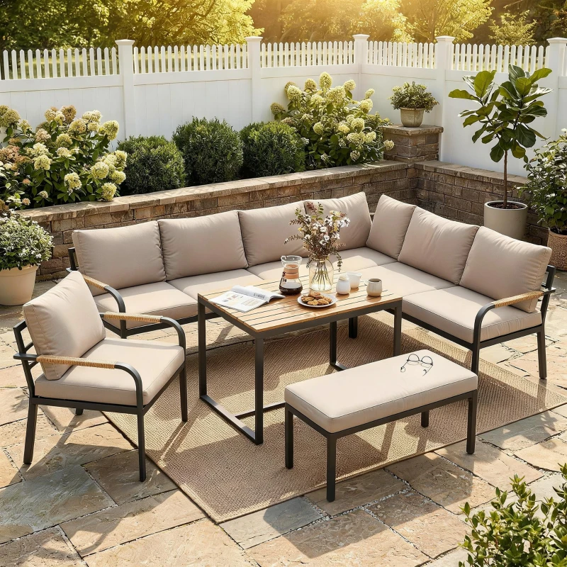 Outsunny Salon de Jardin 7 Pièces Ensemble Canapé d'Angle Extérieur Modulable avec Table en WPC et Pouf Beige et Gris