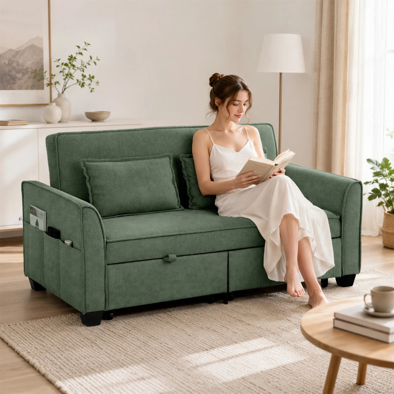 HOMCOM 2 Seater Sofa Bed, 4-in-1 L-Shaped Convertible Pull-Out Sleeper Sofa with Adjustable Backrest Side Pockets, Dark Green