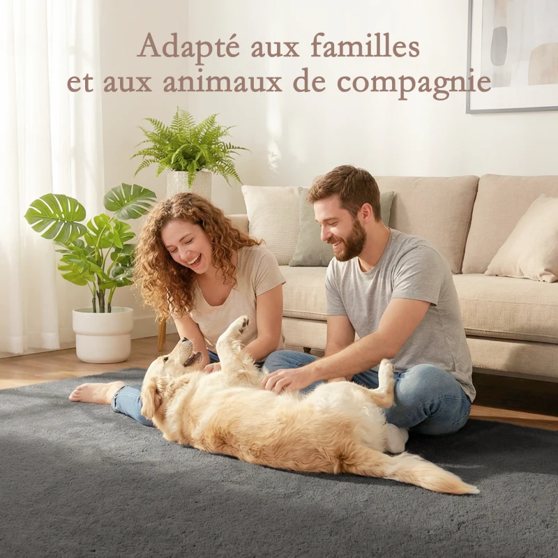 HOMCOM Tapis salon 160 x 120 cm tapis à poils longs, lavable en machine, antidérapant, en fausse fourrure, gris clair