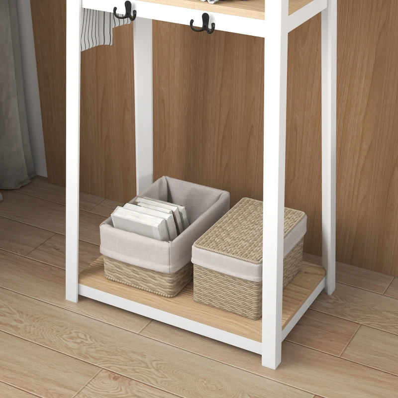 HOMCOM Perchero de Pie con 3 Estantes Perchero para Ropa con 6 Ganchos y Estantes de Almacenaje 61x41x165 cm Natural y Blanco