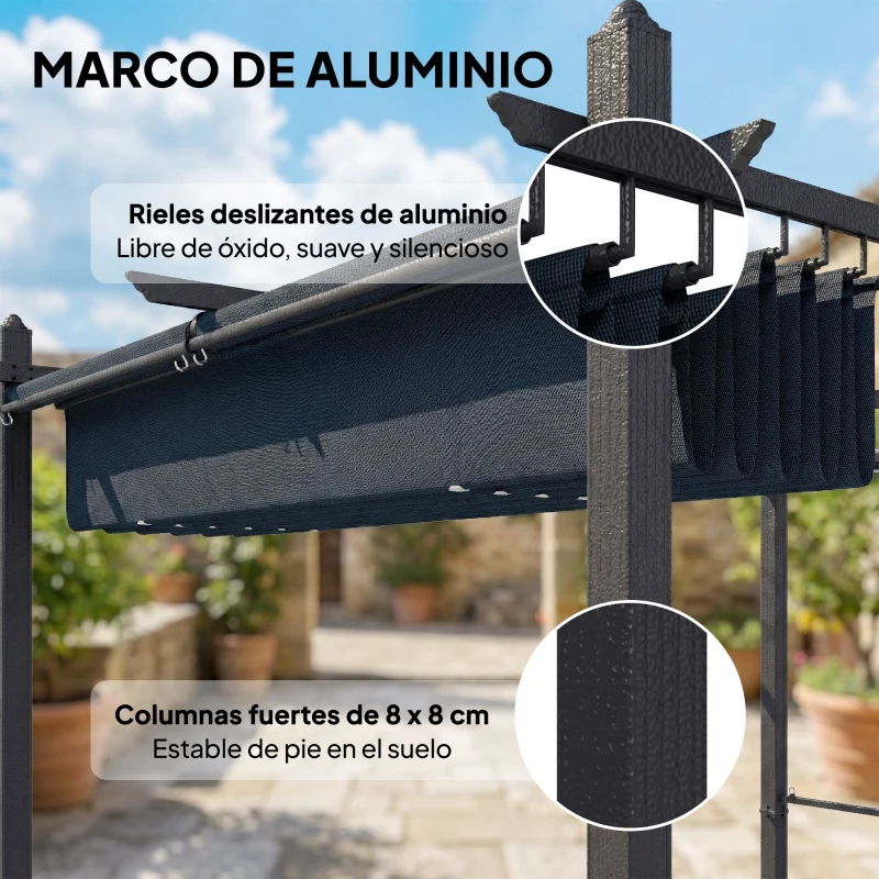 Outsunny Pérgola de Jardín 4x3 m con Cortinas Enrollables Automáticas y Techo Retráctil Cenador de Jardín con UPF50+ Gris Oscuro