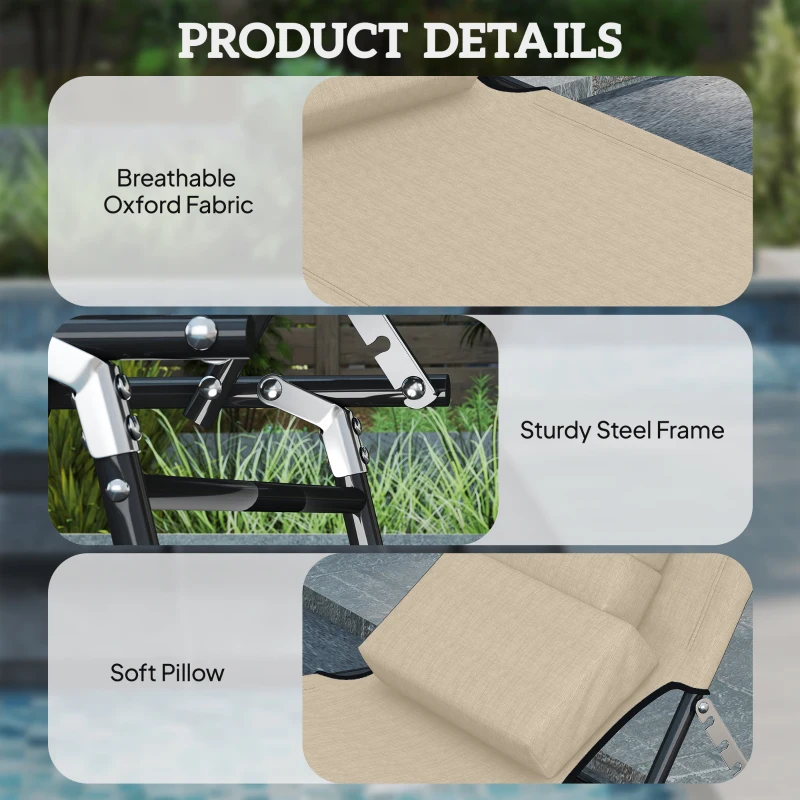 Outsunny Outdoor Foldable Sun Lounger, 4 Level Adjustable Backrest Reclining Sun Lounger Chair with Pillow and Reading Hole, Beige