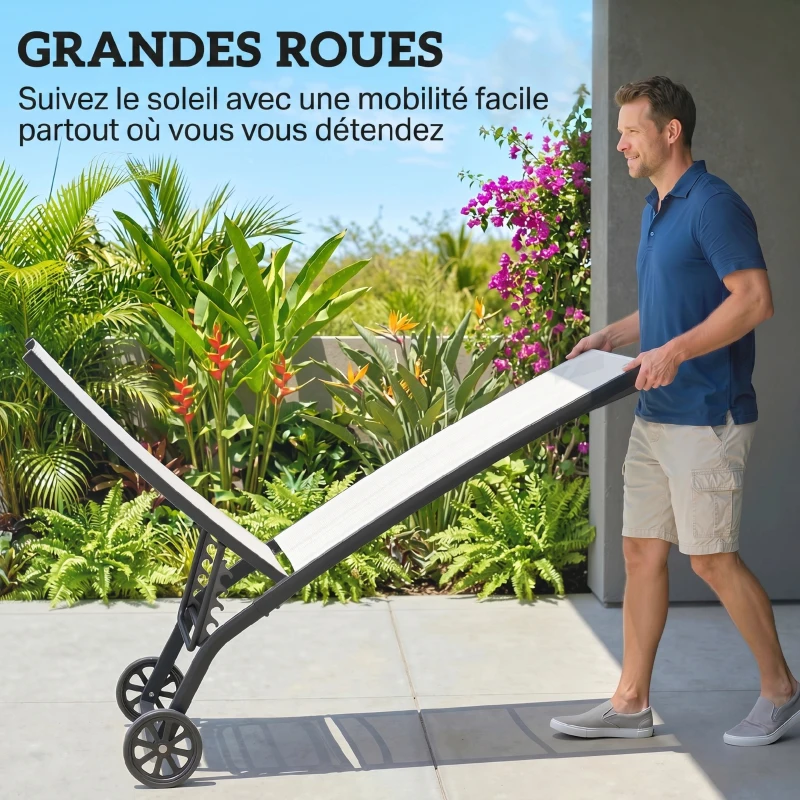 Outsunny Lot de 2 bains de soleil en aluminium et textilène avec roulettes dossier inclinable charge max. 150 Kg crème
