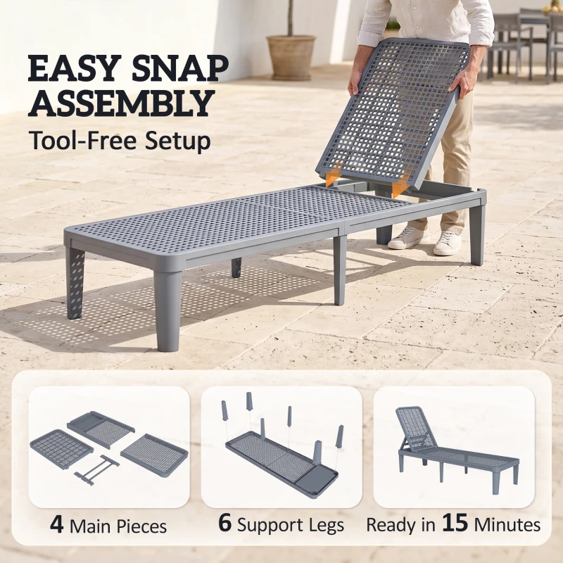 Outsunny Plastic Sun Lounger, 4-Position Adjustable Reclining Garden Lounger Sunbed for Patio, Beach, Terrace, Dark Grey