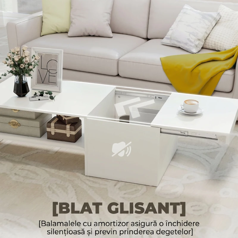 HOMCOM Măsuță de Cafea din Lemn cu Blat Glisant și Raft Deschis și Ascuns, 110x52x36 cm, Alb