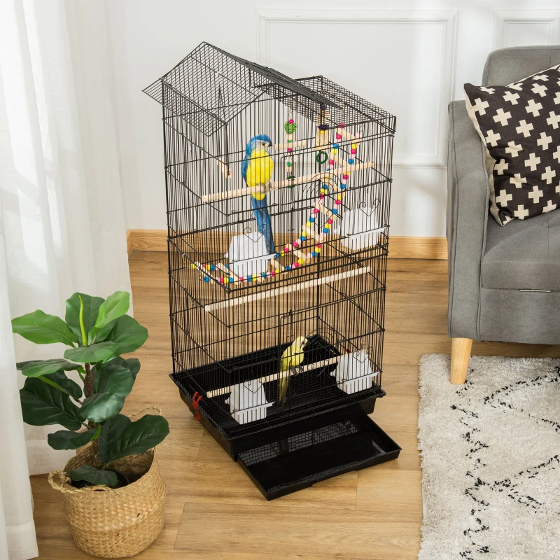PawHut Gabbia per Uccelli con Scaletta, Altalena, Ciotole e Giochi, in Acciaio, PP e Legno, 46x36x100 cm, Nera