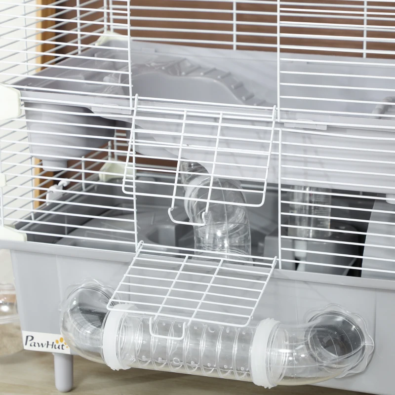 PawHut Cage pour hamster  à 2 niveaux avec roue de course salle de bain en sable pour hamster nain 44,5 x 28 x 44 cm gris