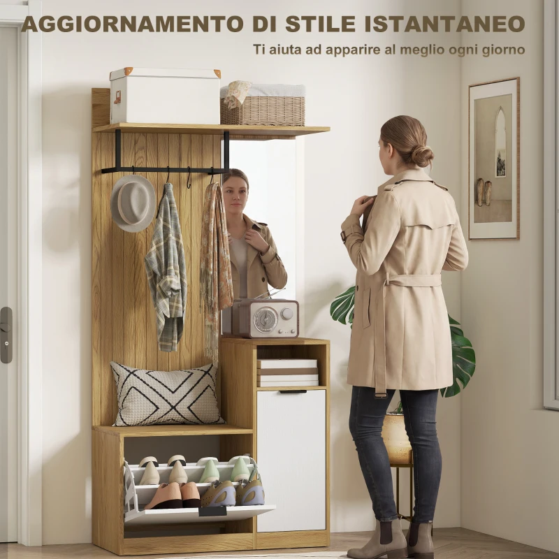 HOMCOM Appendiabiti da Ingresso con Asta, 4 Ganci, Panca con Scarpiera e Armadietto, Rovere e Bianco