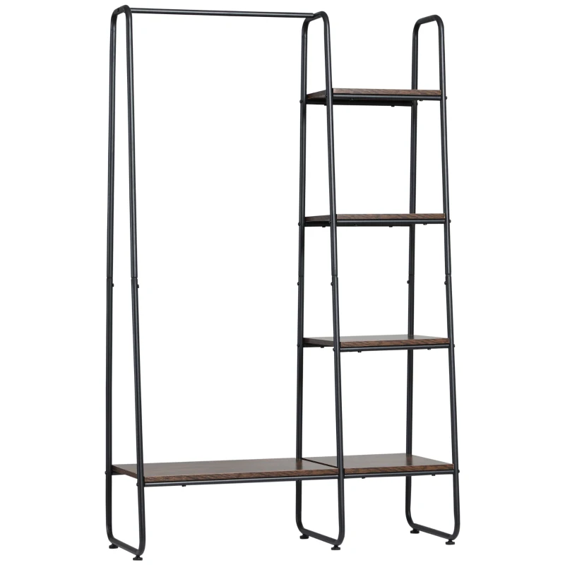 HOMCOM Perchero de Ropa de Madera con 4 Estantes y Barra para Colgar para Dormitorio Salón 101x39x160 cm Marrón Rústico