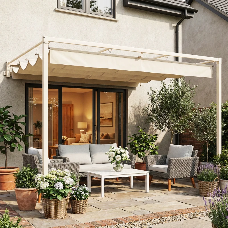 Outsunny Pergola Addossata 3x3 m con Tetto Retrattile Scorrevole UV30+ e Fori di Drenaggio, Beige
