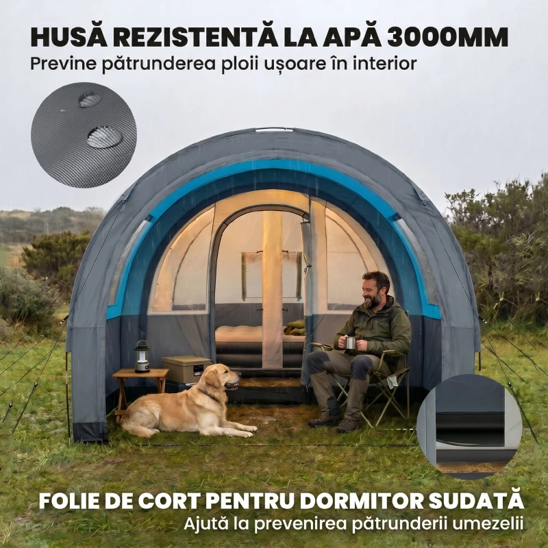 Outsunny Cort de Camping pentru 3 Persoane, Impermeabil, cu Zonă de Dormit și Zonă de Zi, din Poliester, 480x260x200 cm, Gri și Albastru