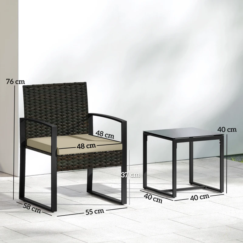 Outsunny Rattan Bistro Set, 3 Piece Garden Furniture Set with Glass Top Table and Cushions, Khaki