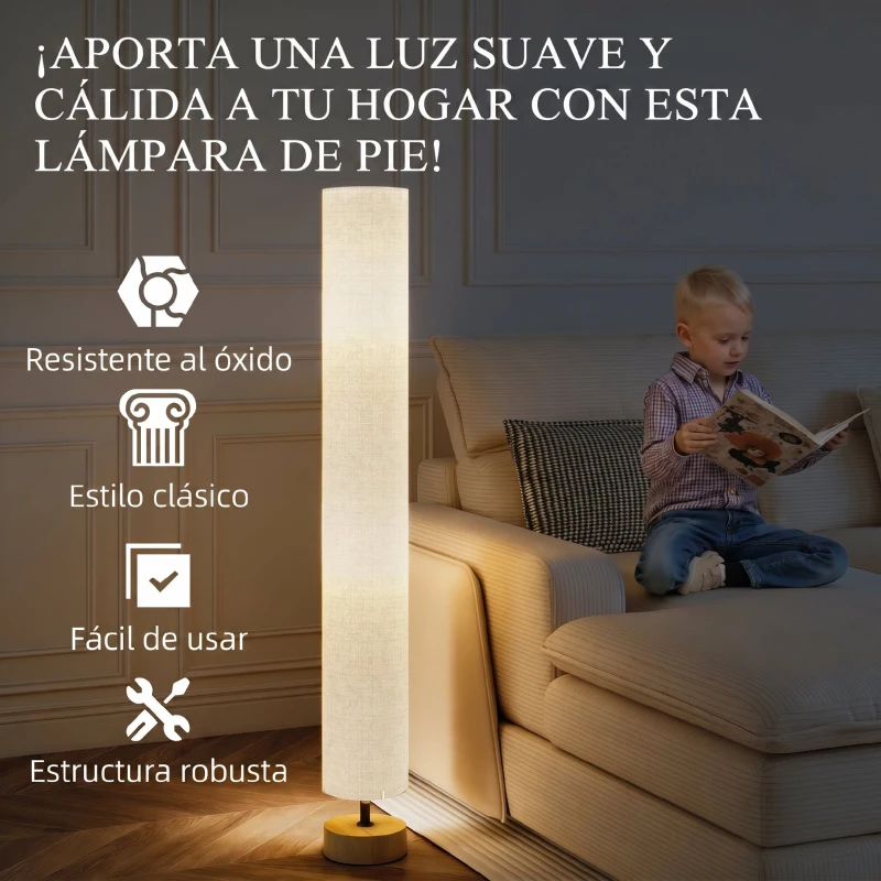 HOMCOM Lámpara de Pie Lámpara de Salón con Casquillo Máx. 40 W E27 Pantalla de Lino y Marco de Metal Ø15x120 cm Gris
