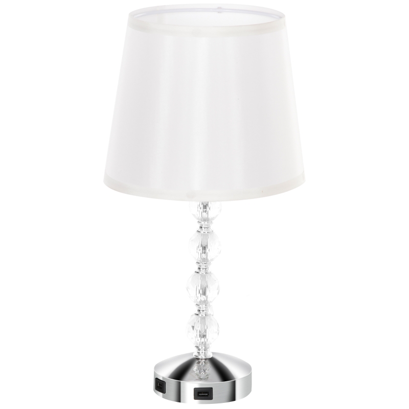 HOMCOM Lampada da Tavolo con Cristalli e Porta USB, in Metallo, Vetro e Poliestere, Ø23x45 cm, Bianco e Argento