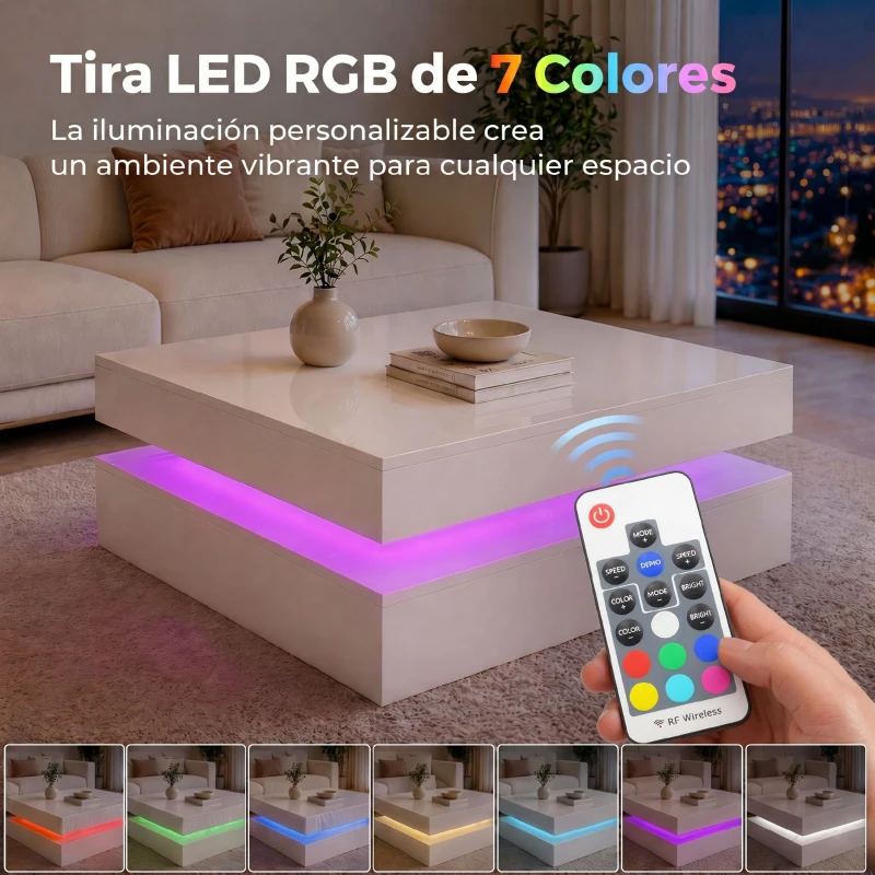 HOMCOM Mesa de Centro con LED RGB 7 Colores de Alto Brillo Blanco con Almacenamiento Abierto y Mando a Distancia 78x78x40 cm