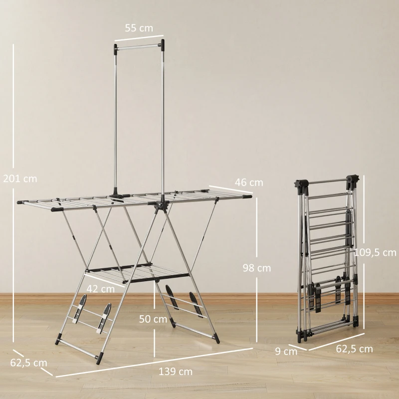HOMCOM Tendedero Vertical Plegable con Alas Ajustables 4 Soportes para Calzado Barra y Estante 139x62,5x201 cm Plata