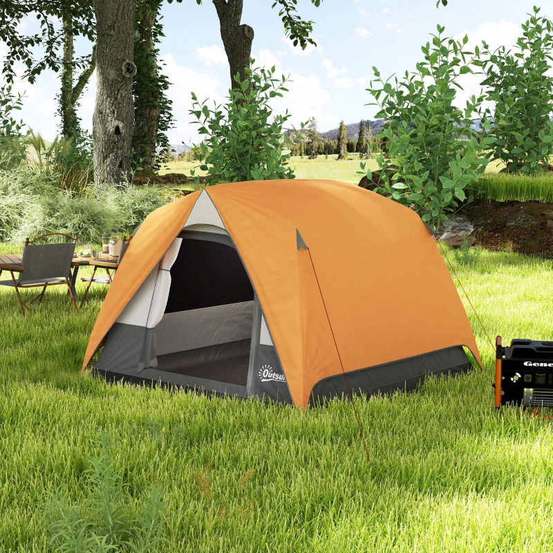 Outsunny 3-4 Person Camping Tent, Easy Set Up Waterproof Dome Tent with Sewn-in Groundsheet, Mesh Windows, Pocket and Hook for Camping, Hiking, Backpacking, Orange and Grey