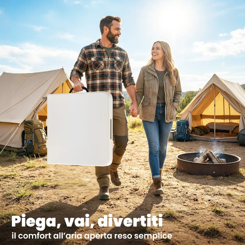 Outsunny Tavolo da Campeggio Pieghevole a 2 Altezze con Maniglia, in HDPE, 120x60x74 cm, Bianco