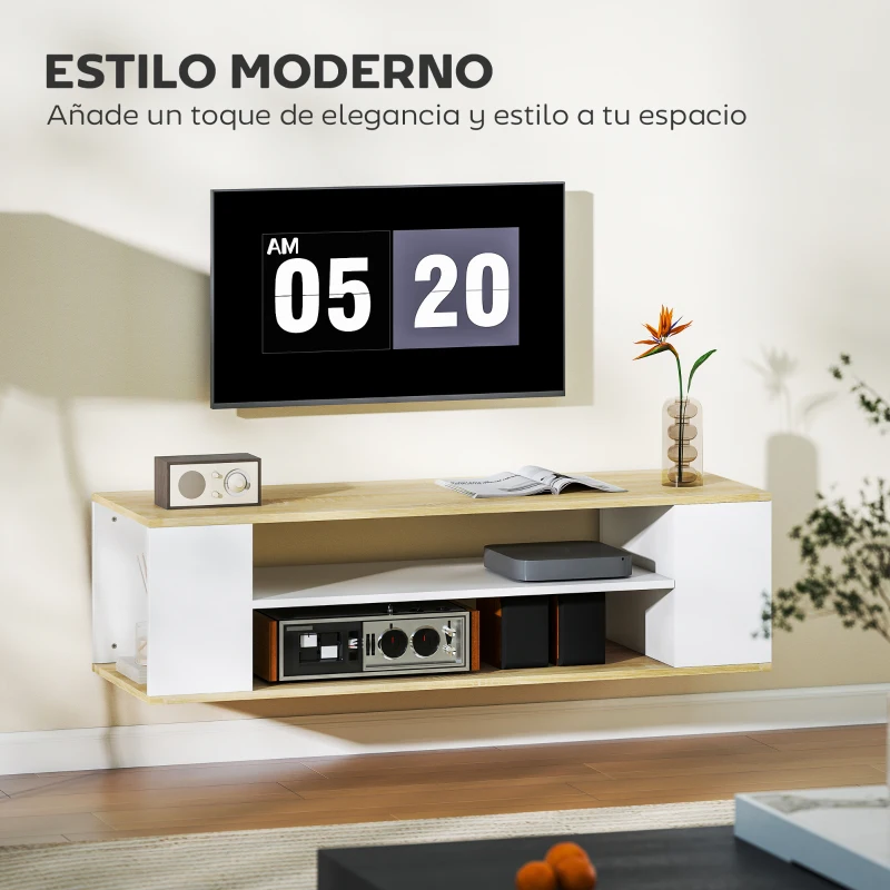 HOMCOM Mueble de TV Flotante y Ruedas con 2 Estantes para Televisores de hasta 55 Pulgadas 120x40x38,5 cm Blanco