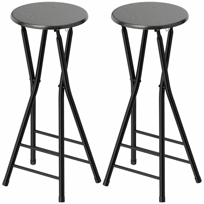 HOMCOM Set 2 Sgabelli Bar Pieghevoli con Doppio Poggiapiedi, in Legno e Acciaio, 34x30x70 cm, Nero