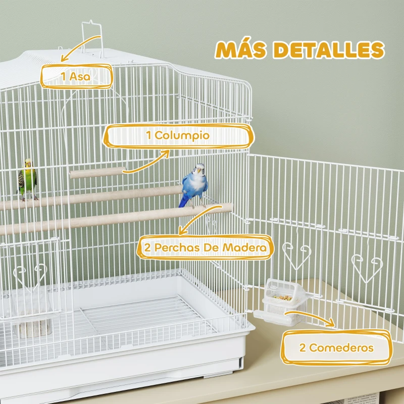 PawHut Jaula para Pájaros Pajarera de Acero con 2 Comederos 2 Perchas Columpio y Bandeja Extraíble Asa 46,5x36x59 cm Blanco