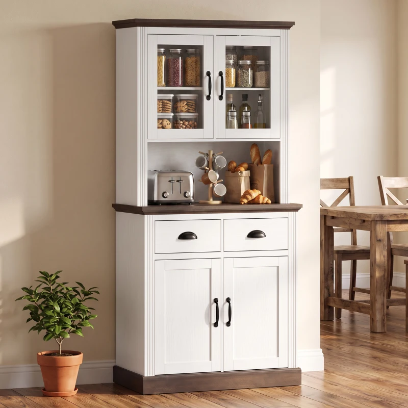 HOMCOM Dulap de bucătărie înalt cu uși din sticlă 2 sertare rafturi reglabile compartiment deschis 80x38x170 cm Alb